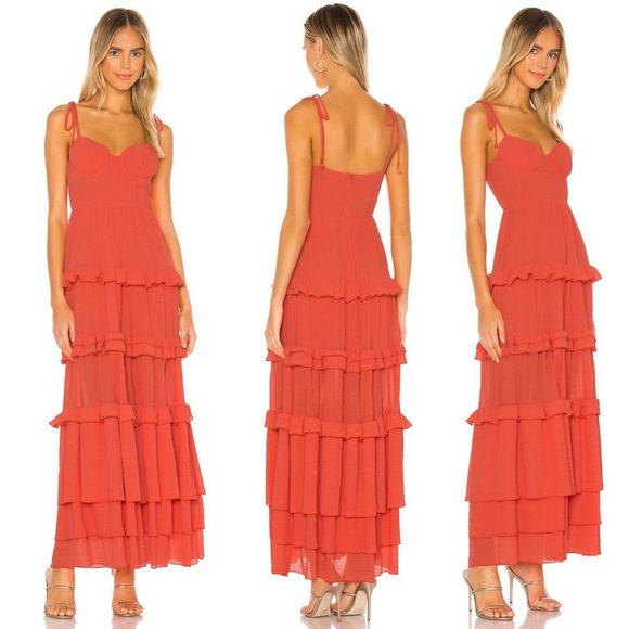 TULAROSA Tinsley Tiered Crepe Maxi Dress In Coral Size XXS - Picture 1 of 13
